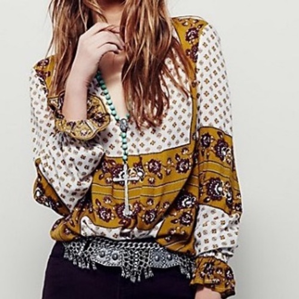 Free People Mustard Yellow Floral Boho Tunic Top Smocked Ruffle Cuff Small